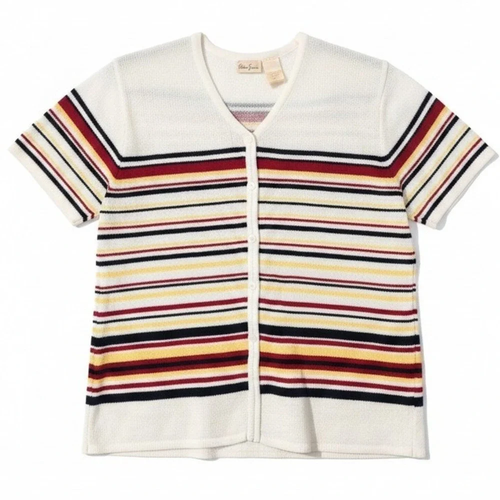 Bobbie Brooks Short Sleeve Striped Knit Cardigan, Cream Red Blue, Women's Large